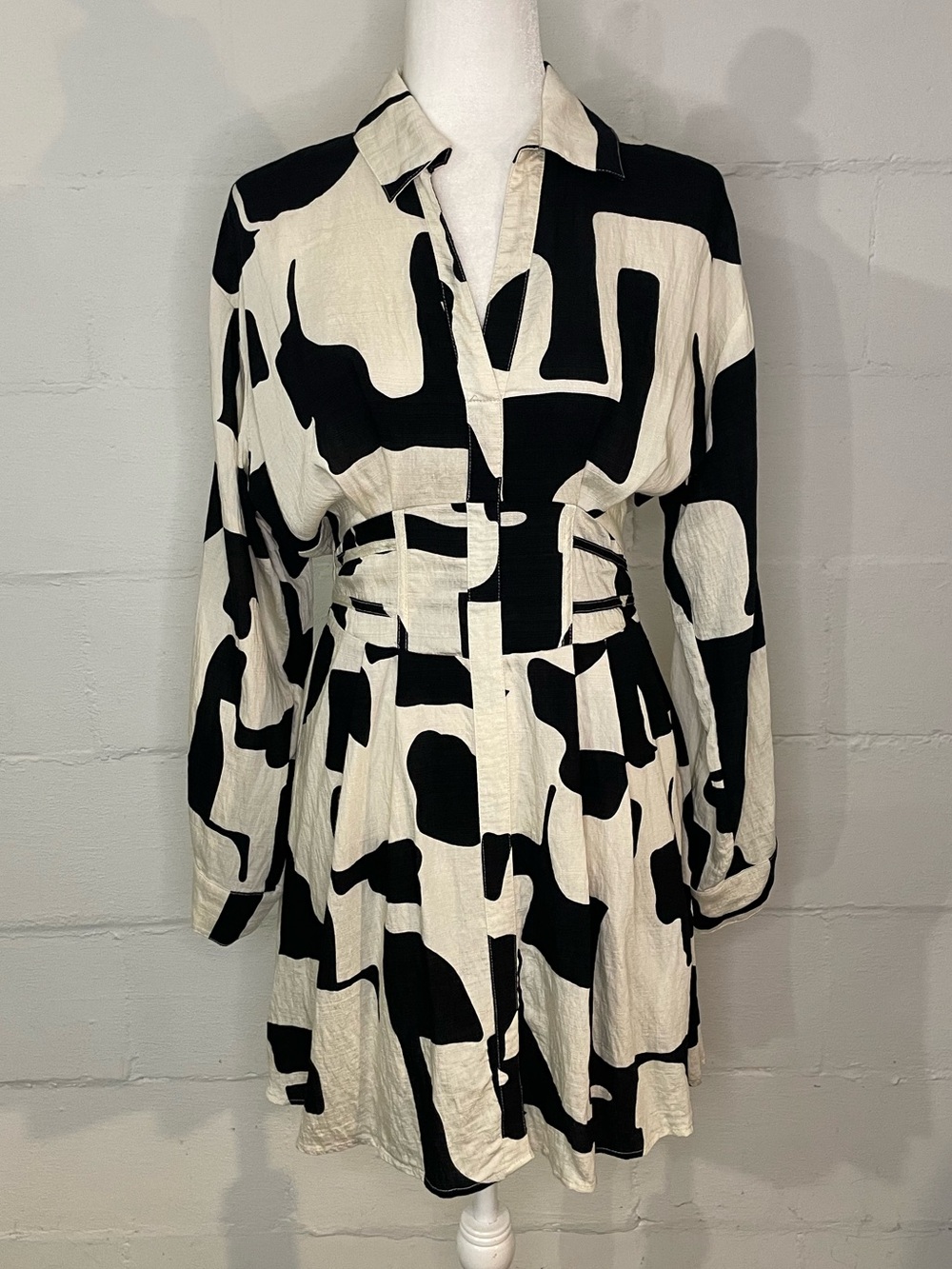 THML Black and Cream Abstract Print Long Sleeve Shirt Dress